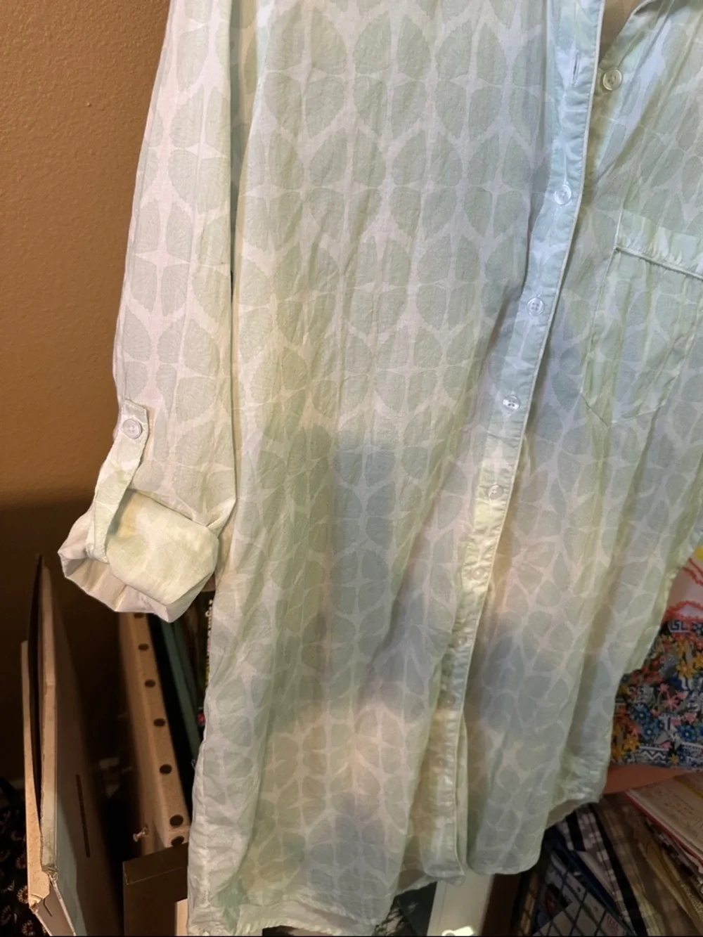 Julia Amory Light Pistachio Green Printed Button-Up Husband Shirt. - Picture 7 of 9